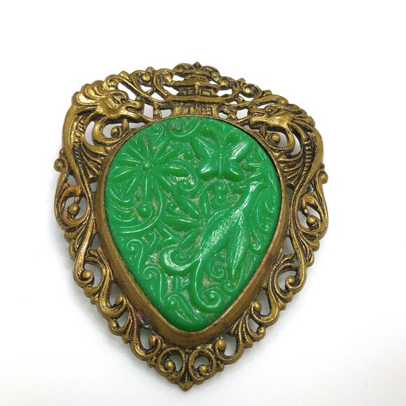 Vintage Chinese Faux Jade Brooch Pendant, Hidden Dragons Pagoda Phoenix, 1940s - Picture 6 of 10
